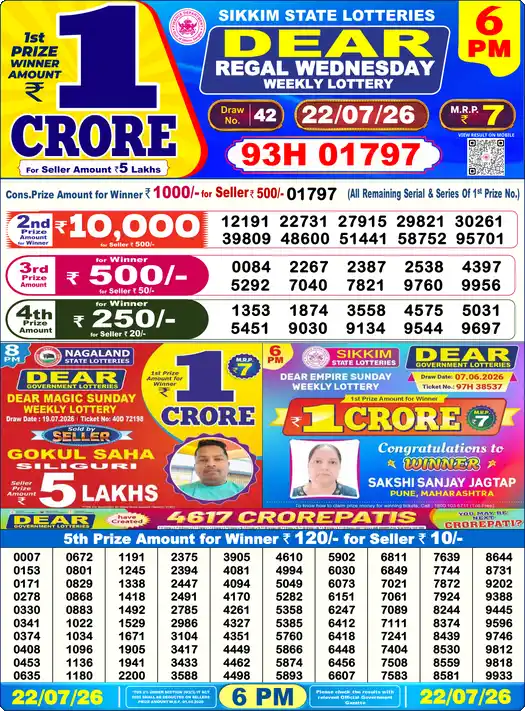 Lottery Sambad 22.07.26 Dear Lottery 6 PM July 22, 2026
