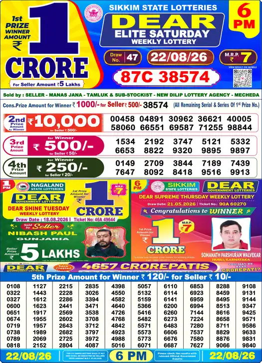 Lottery Sambad 22.08.26 Dear Lottery 6 PM August 22, 2026
