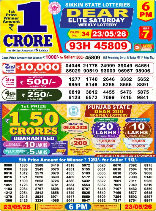 Lottery Sambad 23.05.26 Dear Lottery 6 PM May 23, 2026