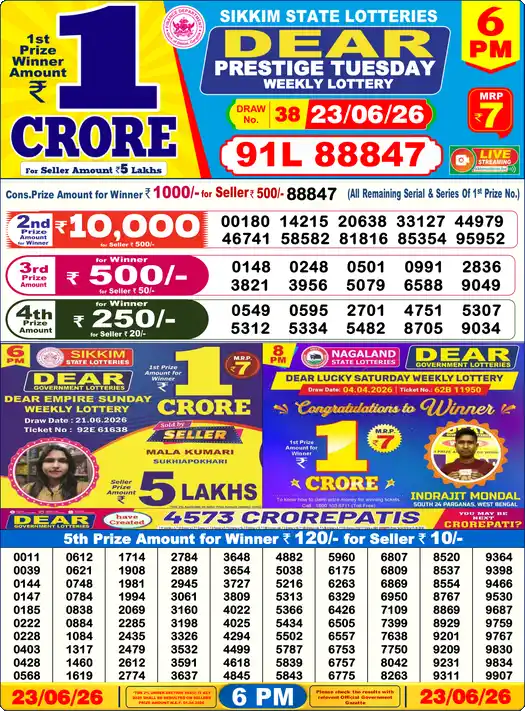Lottery Sambad 23.06.26 Dear Lottery 6 PM June 23, 2026