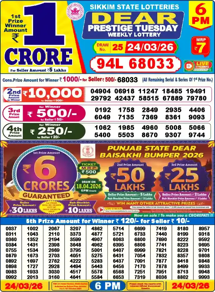Lottery Sambad 24.03.26 Dear Lottery 6 PM March 24, 2026