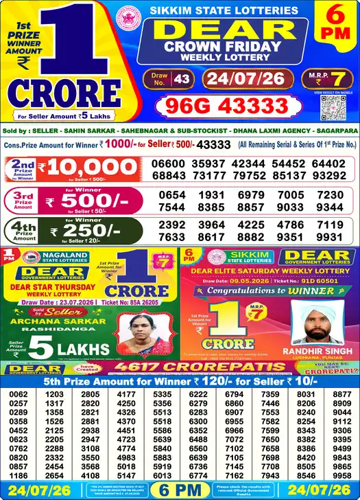 Lottery Sambad 24.07.26 Dear Lottery 6 PM July 24, 2026