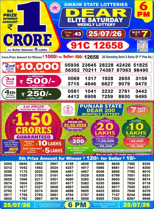 Lottery Sambad 25.07.26 Dear Lottery 6 PM July 25, 2026