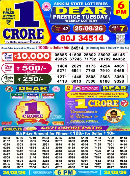 Lottery Sambad 25.08.26 Dear Lottery 6 PM August 25, 2026