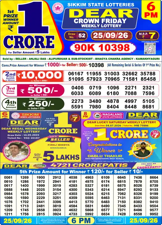 Dear Lottery Result 6 PM 25 September 2026
