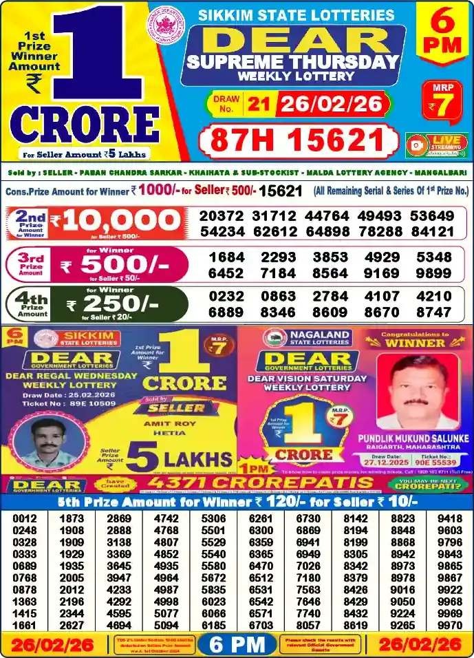 Lottery Sambad 26.02.26 Dear Lottery 6 PM February 26, 2026