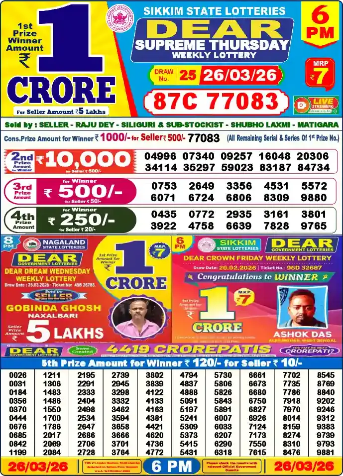 Lottery Sambad 26.03.26 Dear Lottery 6 PM March 26, 2026