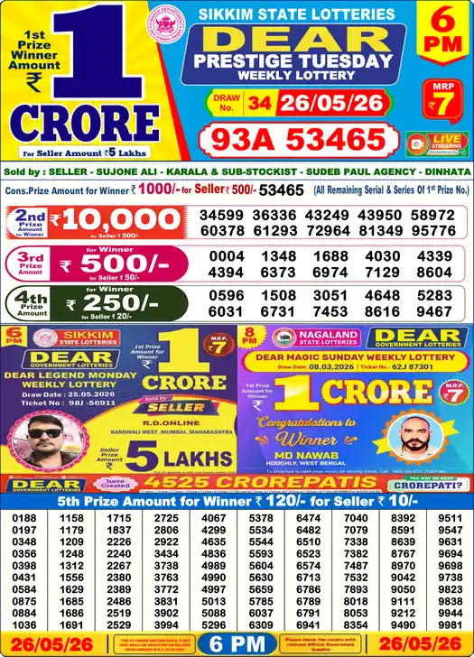 Lottery Sambad 26.05.26 Dear Lottery 6 PM May 26, 2026