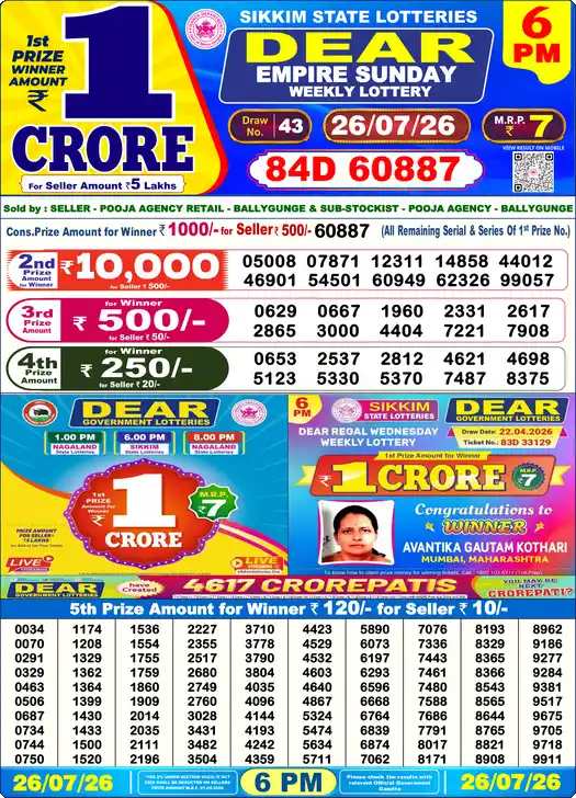 Lottery Sambad 26.07.26 Dear Lottery 6 PM July 26, 2026