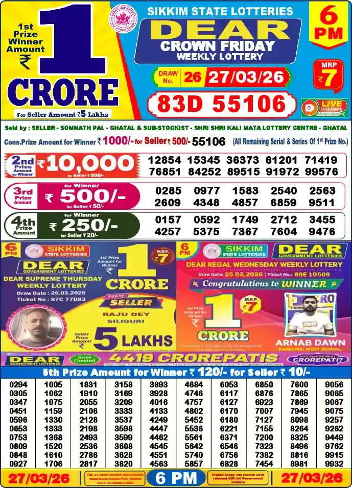 Lottery Sambad 27.03.26 Dear Lottery 6 PM March 27, 2026