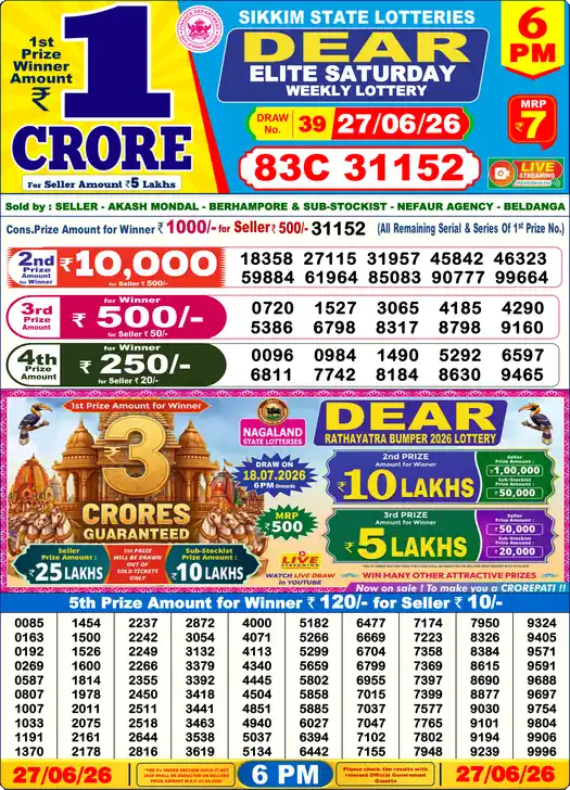 Dear Lottery Result 6 PM 27 June 2026
