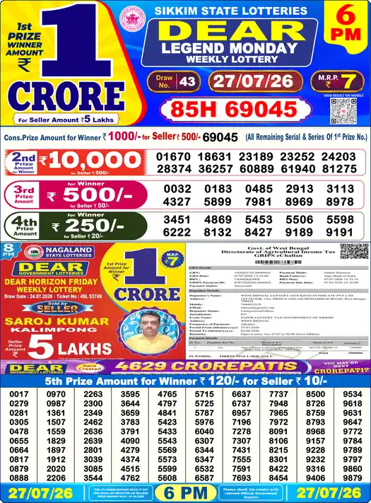 Lottery Sambad 27.07.26 Dear Lottery 6 PM July 27, 2026
