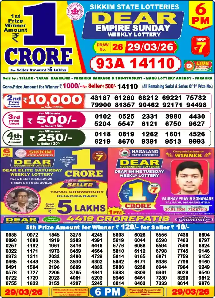 Lottery Sambad 29.03.26 Dear Lottery 6 PM March 29, 2026