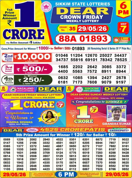 Lottery Sambad 29.05.26 Dear Lottery 6 PM May 29, 2026
