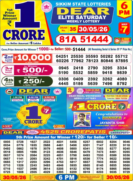Lottery Sambad 30.05.26 Dear Lottery 6 PM May 30, 2026