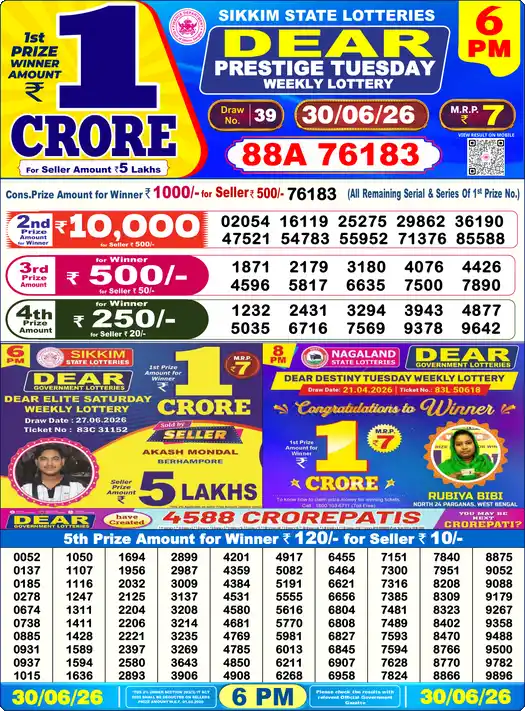 Dear Lottery Result 6:00 PM 30/06/26