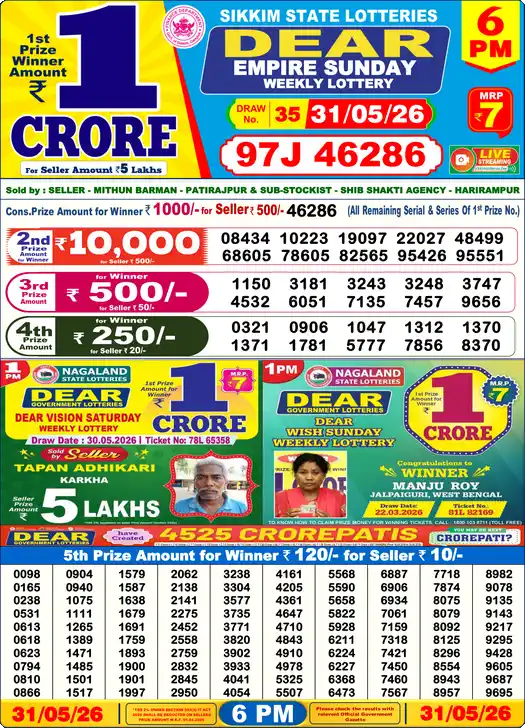 Lottery Sambad 31.05.26 Dear Lottery 6 PM May 31, 2026