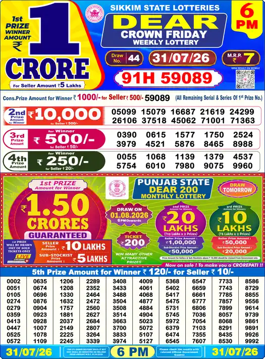 Lottery Sambad 31.07.26 Dear Lottery 6 PM July 31, 2026
