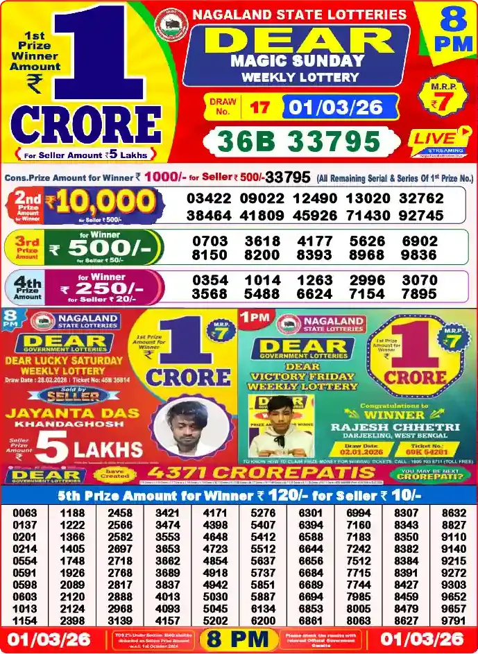 Lottery Sambad 01.03.26 Dear Lottery 8 PM March 01, 2026