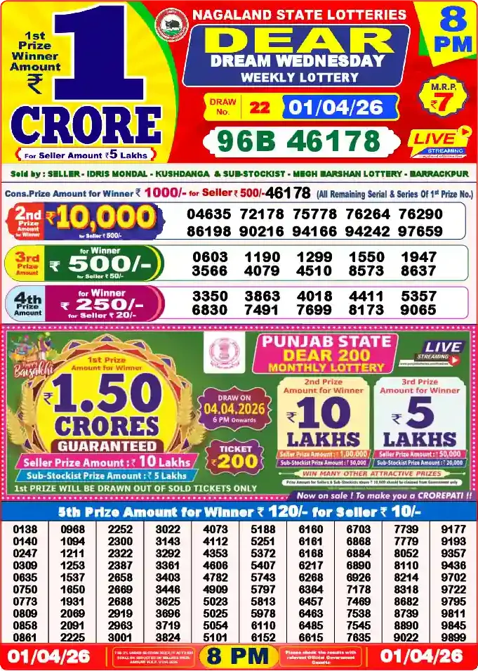 Lottery Sambad 01.04.26 Dear Lottery 8 PM April 01, 2026