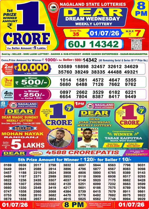 Dear Lottery Result Today 8 PM 01 July 2026