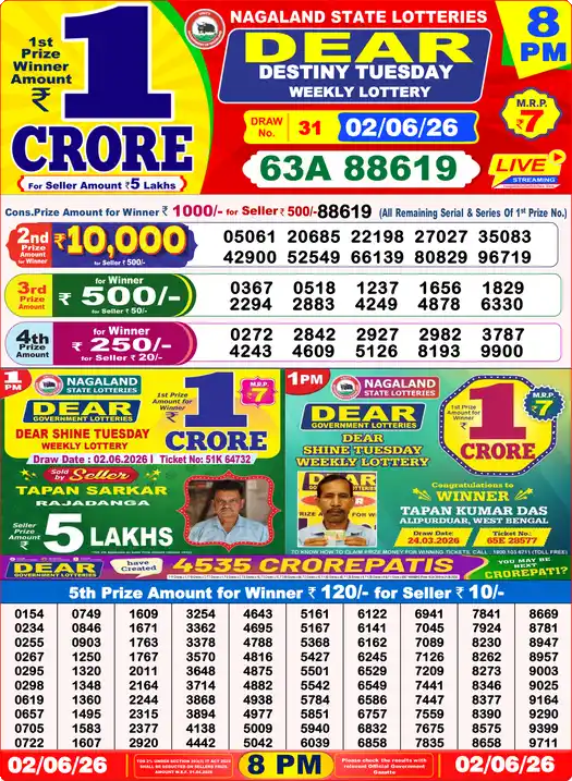 Dear Lottery Result Today 8 PM 02 June 2026