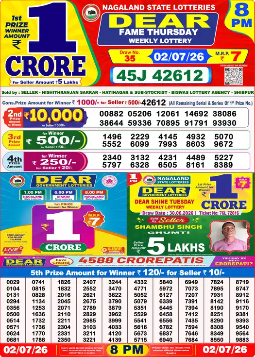 Dear Lottery Result Today 8 PM 02 July 2026
