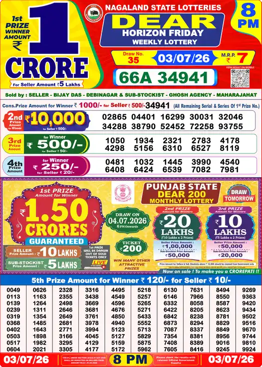 Dear Lottery Result Today 8 PM 03 July 2026