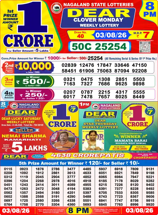 Dear Lottery Result Yesterday 8 PM 03 August 2026