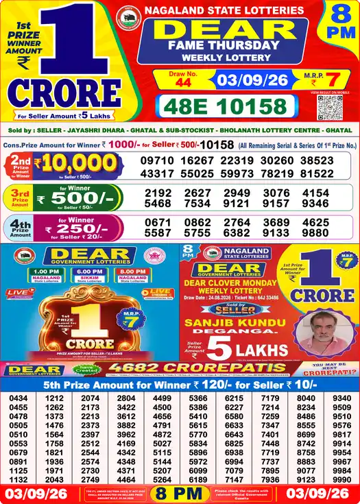 Dear Lottery Result Yesterday 8 PM 03 September 2026
