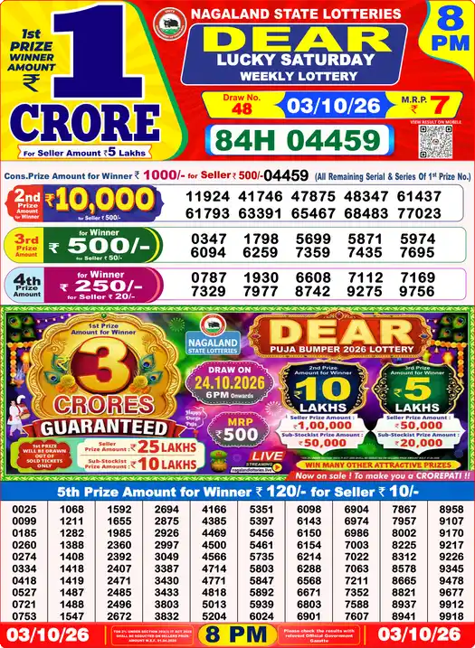 Dear Lottery Result Yesterday 8 PM 03 October 2026