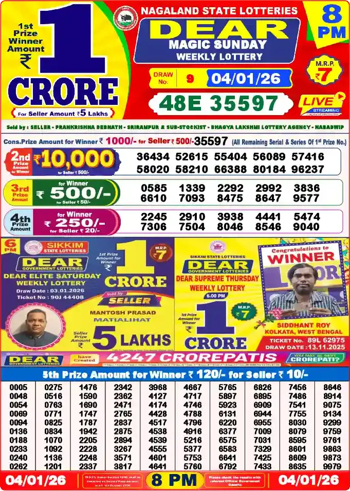 Lottery Sambad 04.01.26 Dear Lottery 8 PM January 04, 2026