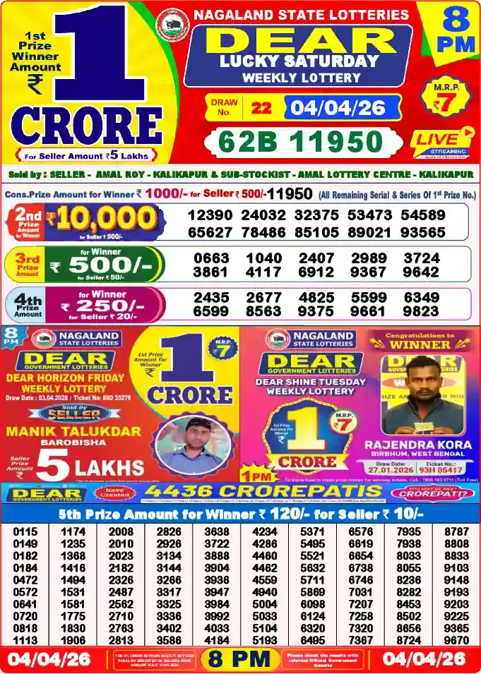 Lottery Sambad 04.04.26 Dear Lottery 8 PM April 04, 2026