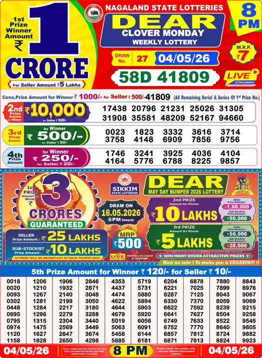 Lottery Sambad 04.05.26 Dear Lottery 8 PM May 04, 2026