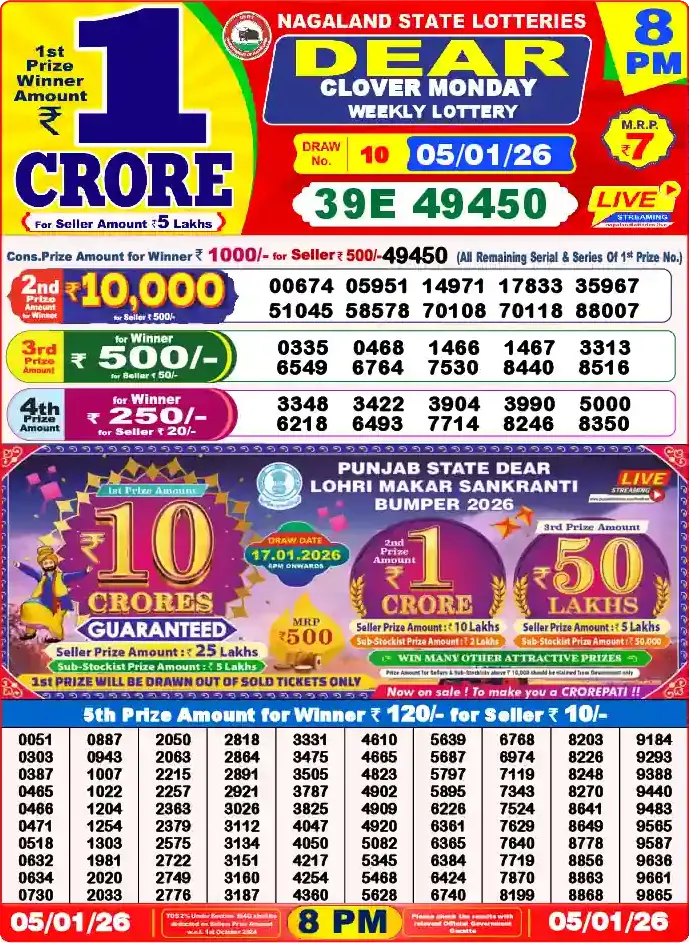 Lottery Sambad 05.01.26 Dear Lottery 8 PM January 05, 2026