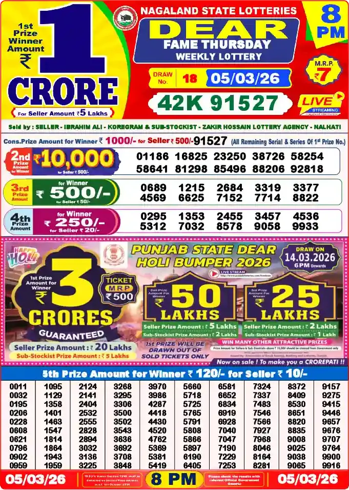 Lottery Sambad 05.03.26 Dear Lottery 8 PM March 05, 2026