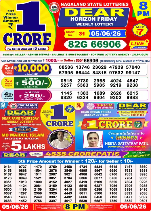 Dear Lottery Result Today 8 PM 05 June 2026