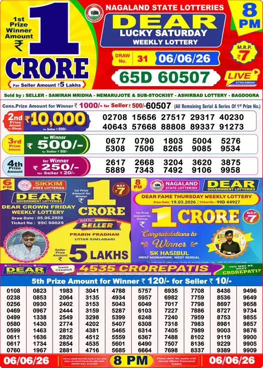 Dear Lottery Result Today 8 PM 06 June 2026