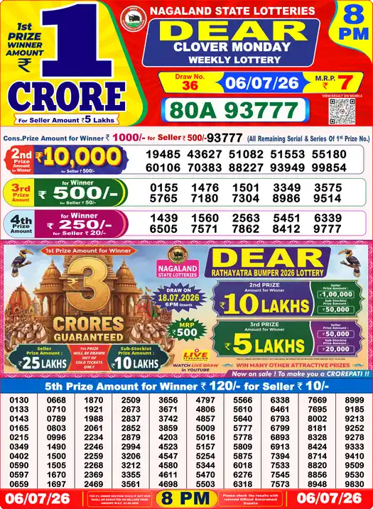 Dear Lottery Result Yesterday 8 PM 06 July 2026