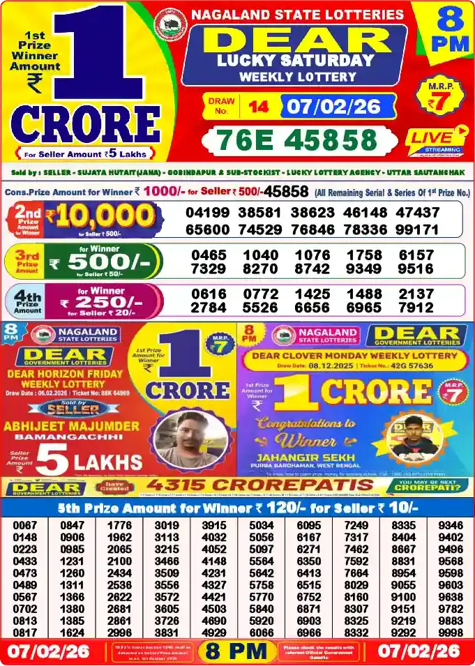 Lottery Sambad 07.02.26 Dear Lottery 8 PM February 07, 2026
