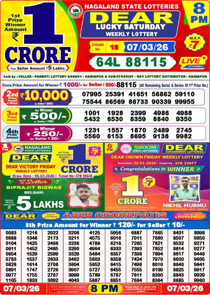 Lottery Sambad 07.03.26 Dear Lottery 8 PM March 07, 2026