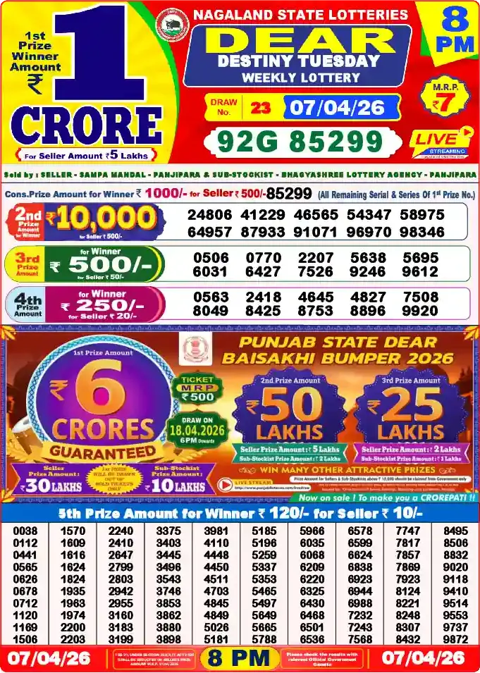 Lottery Sambad 07.04.26 Dear Lottery 8 PM April 07, 2026