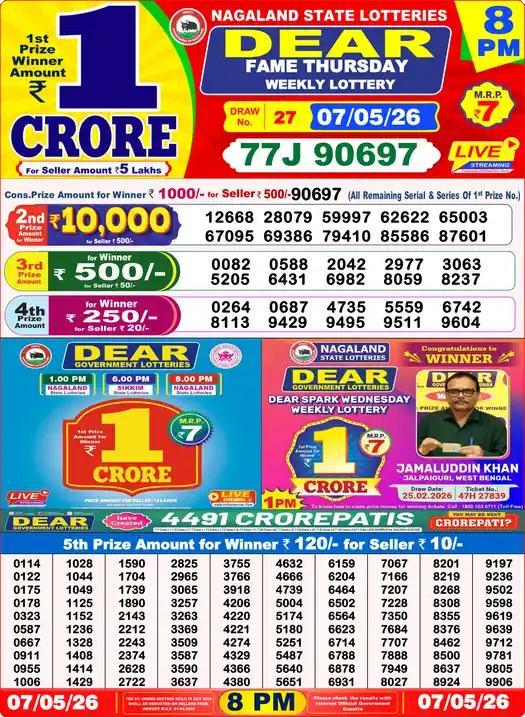 Lottery Sambad 07.05.26 Dear Lottery 8 PM May 07, 2026