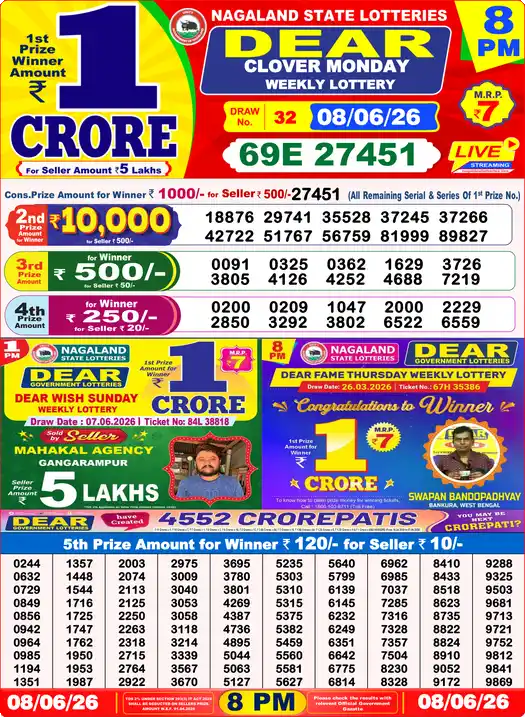 Dear Lottery Result Today 8 PM 08 June 2026