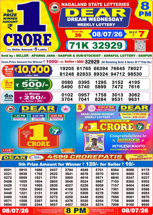 Dear Lottery Result Today 8 PM 08 July 2026