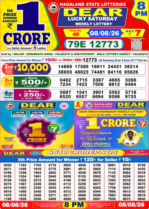 Dear Lottery Result Yesterday 8 PM 08 August 2026