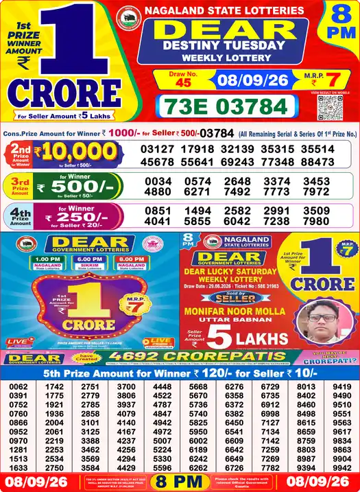 Lottery Sambad 08.09.26 Dear Lottery 8 PM September 08, 2026