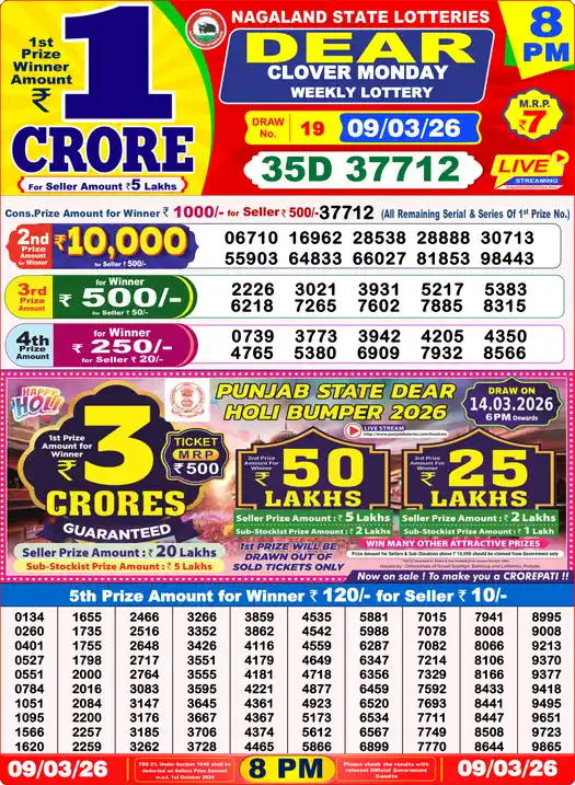 Lottery Sambad 09.03.26 Dear Lottery 8 PM March 09, 2026