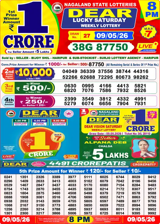 Lottery Sambad 09.05.26 Dear Lottery 8 PM May 09, 2026