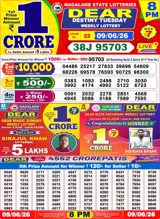 Dear Lottery Result Today 8 PM 09 June 2026